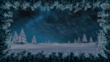 Animation-of-snow-falling-over-fir-trees-and-winter-landscape
