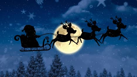 Animation-of-snow-falling-over-santa-claus-in-sleigh-with-reindeer-and-moon