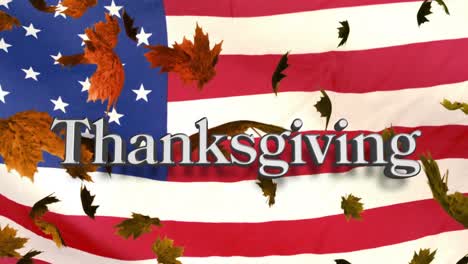 Animation-of-thanksgiving-text-over-leaves-floating-and-american-flag