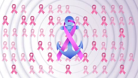 Animation-of-pink-breast-cancer-ribbon-over-pink-ribbons-on-white-background