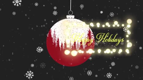 Animation-of-snow-falling-over-happy-holidays-text-with-bauble-and-fairy-lights