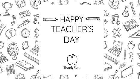 Animation-of-happy-teachers-day-text-over-school-items-on-white-background