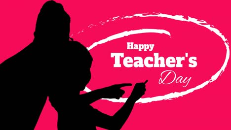 Animation-of-happy-teachers-day-text-over-silhouettes-of-teacher-and-student-on-red-background
