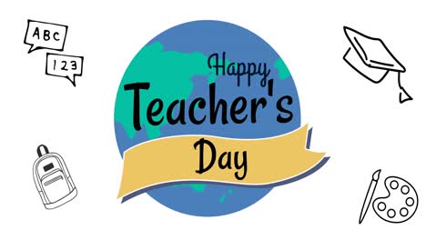 Animation-of-happy-teachers-day-text-over-spinning-globe-and-school-items-on-white-background
