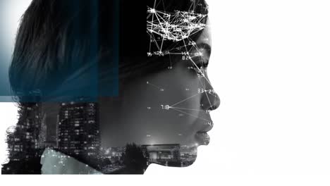 Animation-of-network-of-connections-and-cityscape-over-woman-face
