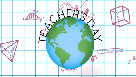 Animation-of-teachers-day-text-and-spinning-globe-over-school-items-on-white-background