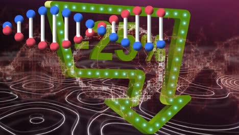 Animation-of-dna-chain-over-numbers-and-isohypses-on-dark-background