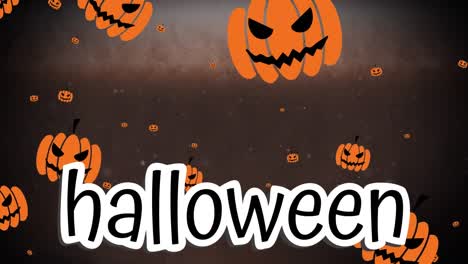 Animation-Von-Halloween-Text-über-Kürbisse,-Die-Auf-Schwarzen-Hintergrund-Fallen