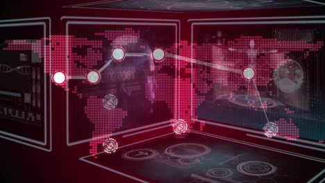Animation-Des-Netzwerks-Von-Verbindungen-über-Der-Weltkarte-Auf-Rotem-Hintergrund