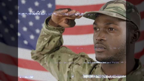 Animation-of-interference-over-soldier-saluting-and-american-flag