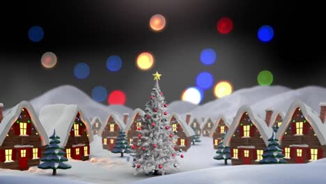 Animation-of-winter-scenery-with-decorated-houses-and-christmas-tree-on-black-background