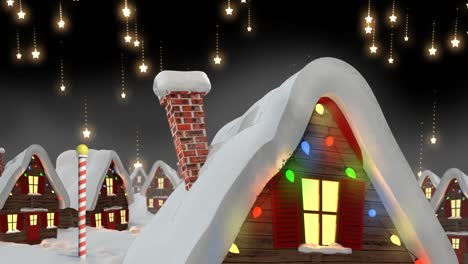 Animation-of-winter-scenery-with-decorated-houses-and-stars-on-black-background