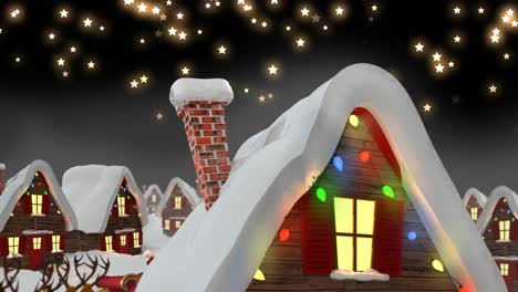 Animation-of-winter-scenery-with-decorated-houses-and-stars-on-black-background