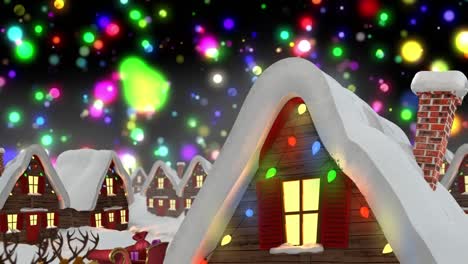 Animation-of-winter-scenery-with-decorated-houses-and-light-spots-on-black-background