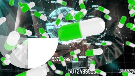 Animation-of-pills,-changing-numbers-and-globe-over-man-using-smartphone