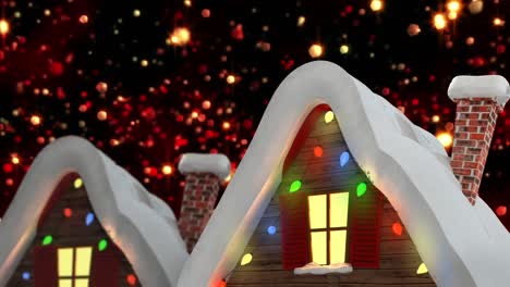 Animation-of-winter-scenery-with-decorated-houses-and-red-light-spots-on-black-background