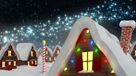 Animation-of-winter-scenery-with-decorated-houses-on-black-background
