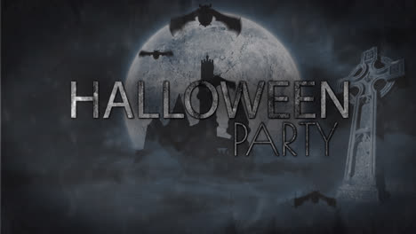 Animation-of-halloween-party-text-over-bats-flyin,-graveyard-and-castle