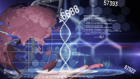 Animation-Von-Globus,-DNA-Ketten,-Zahlen-Und-Hand-Auf-Dunkelblauem-Hintergrund