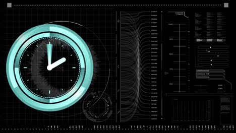 Animation-of-clock-and-data-processing-on-black-background