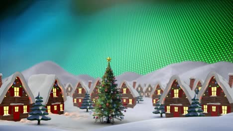 Animation-of-winter-scenery-with-decorated-houses-and-christmas-tree-on-colourful-background