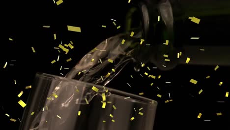 Animation-Von-Goldenem-Konfetti,-Das-über-Champagnerglas-Auf-Schwarzem-Hintergrund-Fällt