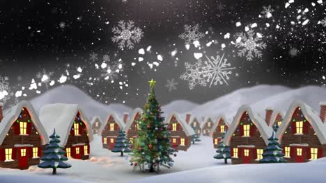 Animation-Einer-Winterlandschaft-Mit-Geschmückten-Häusern-Und-Weihnachtsbaum-Auf-Schwarzem-Hintergrund