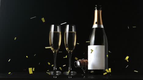 Animation-of-gold-confetti-falling-over-champagne-glasses-and-bottle-on-black-background