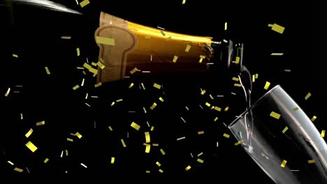 Animation-of-golden-confetti-over-champagne-pouring-into-glass-on-black-background