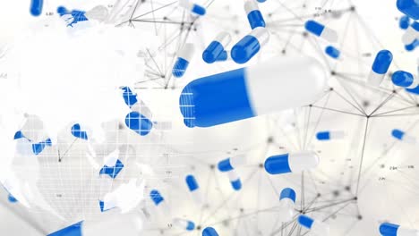 Animation-of-pills-falling-over-globe-and-network-of-connections-on-white-background