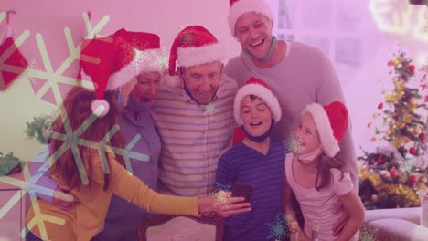 Animation-of-snow-falling-over-smiling-caucasian-family-with-santa-hats-using-smartphone