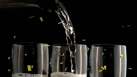 Animation-Von-Goldenem-Konfetti,-Das-über-Champagnergläser-Auf-Schwarzem-Hintergrund-Fällt