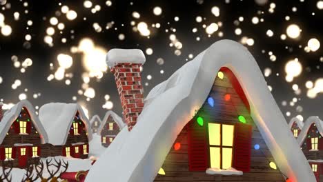 Animation-Einer-Winterlandschaft-Mit-Dekorierten-Häusern-Und-Lichtflecken-Auf-Schwarzem-Hintergrund