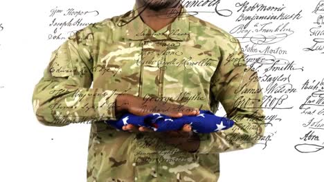 Animation-of-document-with-text-over-soldier-holding-american-flag