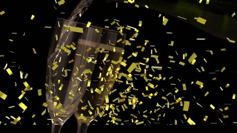 Animation-of-gold-confetti-falling-over-champagne-glass-on-black-background