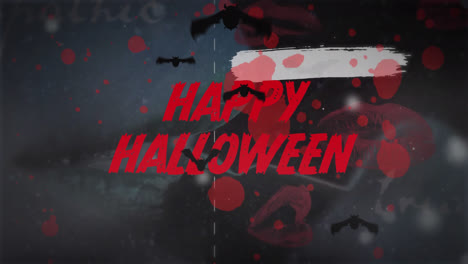 Animation-Eines-Fröhlichen-Halloween-Textes-über-Blutflecken-Auf-Grauem-Hintergrund