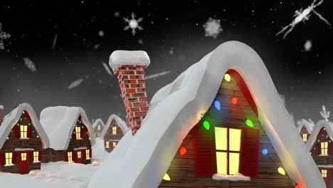 Animation-of-winter-scenery-with-decorated-houses-on-black-background