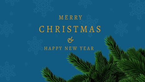 Animation-of-christmas-and-new-year-greetings-text-with-snowflakes-and-fir-tree-branch