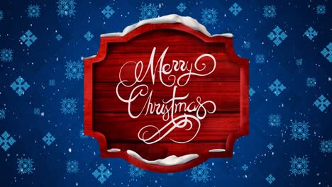 Animation-of-falling-snowflakes-over-wooden-sign-with-merry-christmas-text