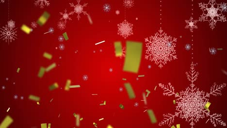 Animation-of-falling-snowflakes-and-confetti-on-red-background