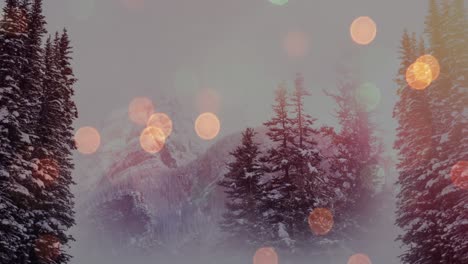 Animation-of-winter-landscape-over-blurred-christmas-lights