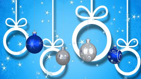 Animation-of-christmas-balls-over-stars-on-blue-background