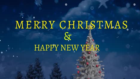 Animation-of-christmas-and-new-year-greetings-text-with-christmas-tree-in-winter-scenery