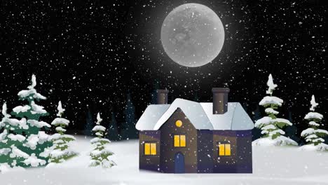 Animation-of-snow-falling-in-night-winter-landscape-with-house