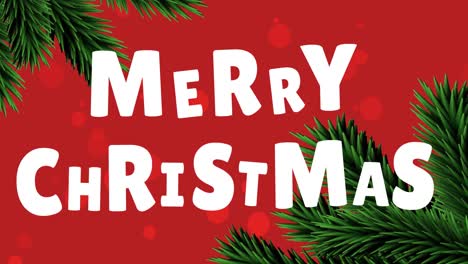 Animation-of-christmas-greetings-text-with-christmas-decorations-and-tree-branches-on-red-background
