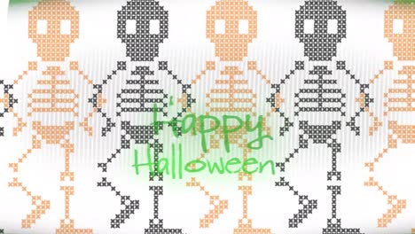 Animation-of-halloween-greetings-over-skeletons-moving-on-white-background