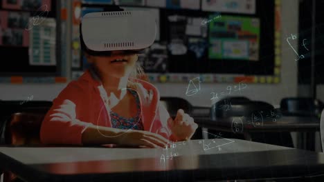 Animation-of-mathematical-equation-schoolgirl-using-vr-headset-overs