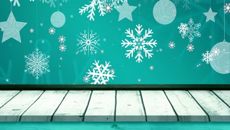 Animation-of-falling-snowflakes-and-stars-on-blue-and-background-wooden-floor