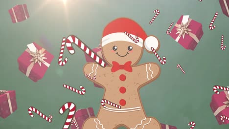 Animation-of-falling-candycane-and-gifts-over-christmas-cookie