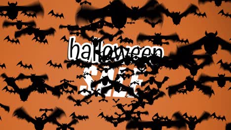 Animation-Von-Halloween-Schrift-Und-Fledermäusen,-Die-Auf-Orangefarbenem-Hintergrund-Schweben